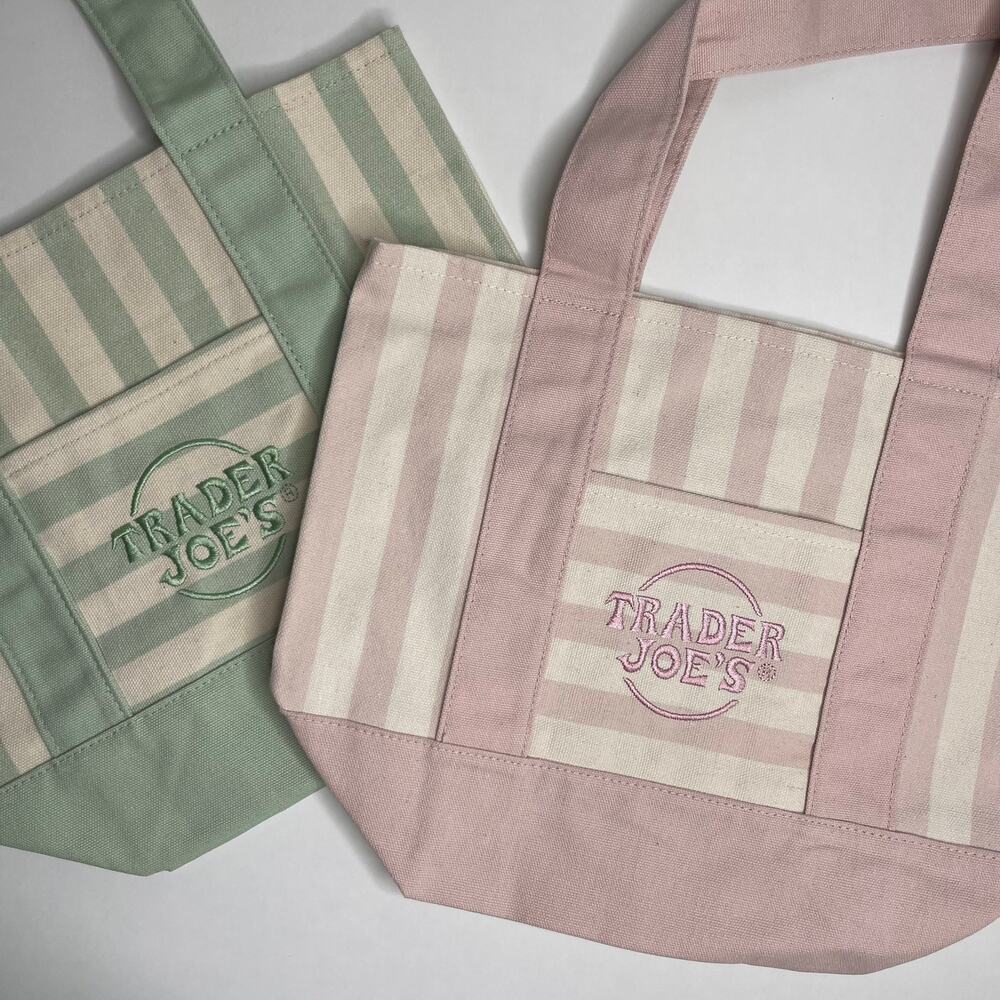 Set of 2 — Trader Joe’s Canvas MINI Tote Bags — PASTEL STRIPED GREEN + BABY PINK